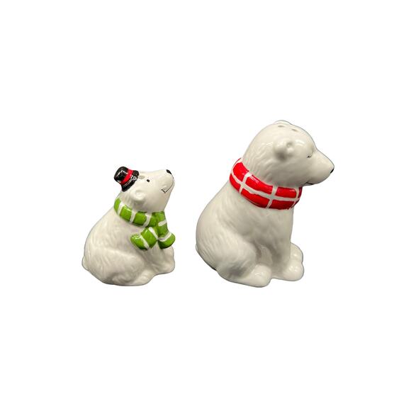 Mother & Son Polar Bear Salt & Pepper Shakers Holiday Green & Red Mufflers - Picture 2 of 5